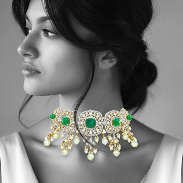 Emerald and Polki Choker with Pearls